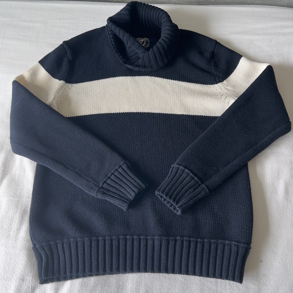 American Eagle Mens Navy Blue White Stripe Cowl Neck Cotton Knit Sweater Large